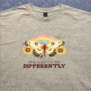 Gray T-Shirt with Butterfly and Rainbow Design